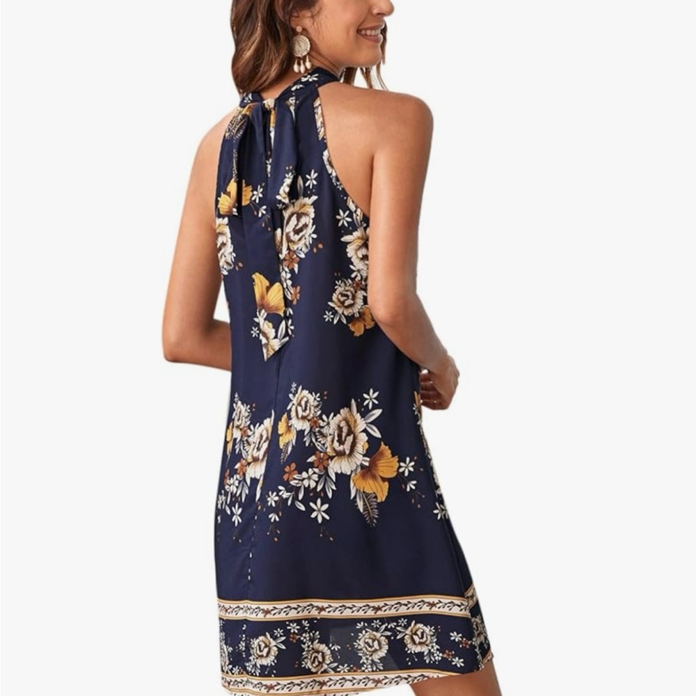 Floral Halter Neck Dress - Navy and Orange - Picture 6 of 6